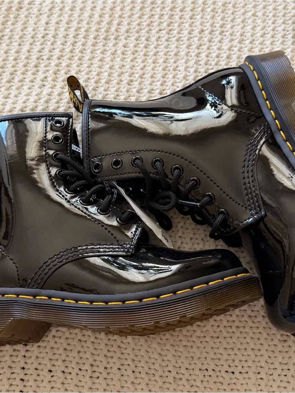 Dr. Martens Kids Black Patent Lace-Up Ankle Boots with Yellow Stitching